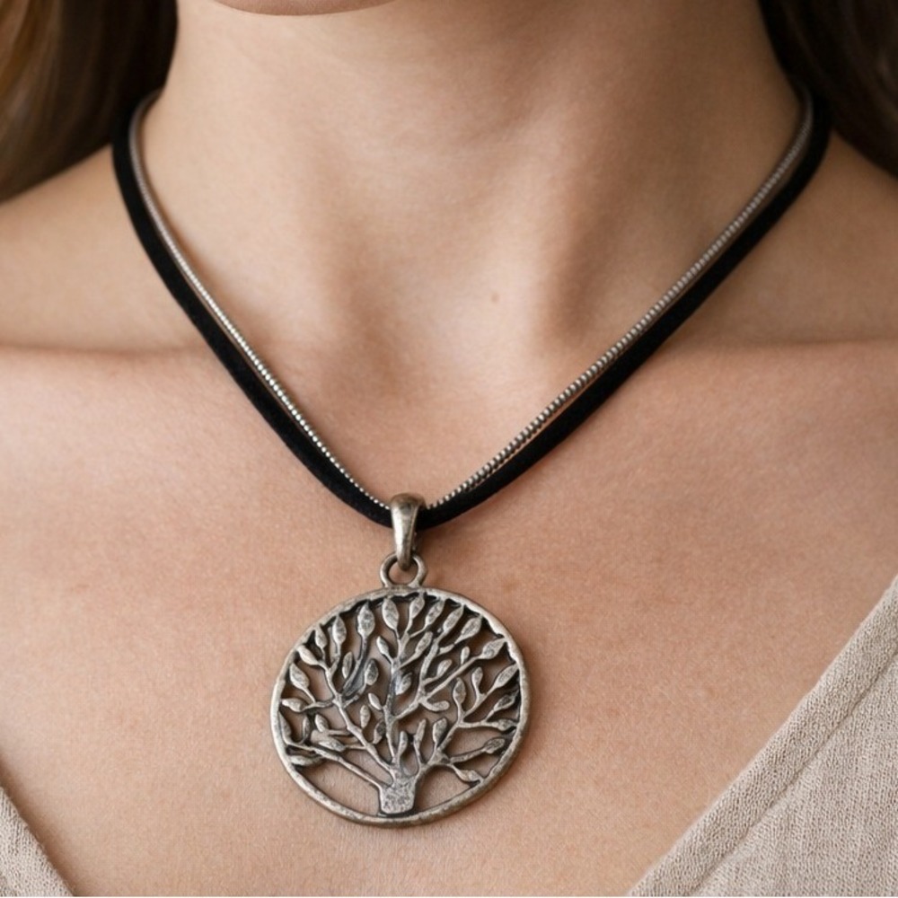 Vintage Necklace Vintage Tree of Life Silver Tone Pewter Boho Nature 18" Earthy - Picture 1 of 6